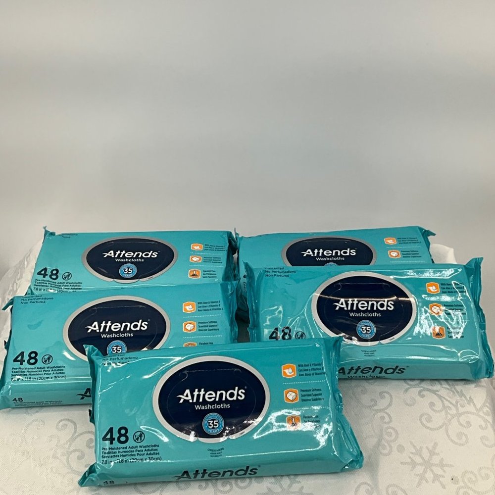 Attends‎ Washcloths Unscented 48 Count 7.8"x11.8" 5pks